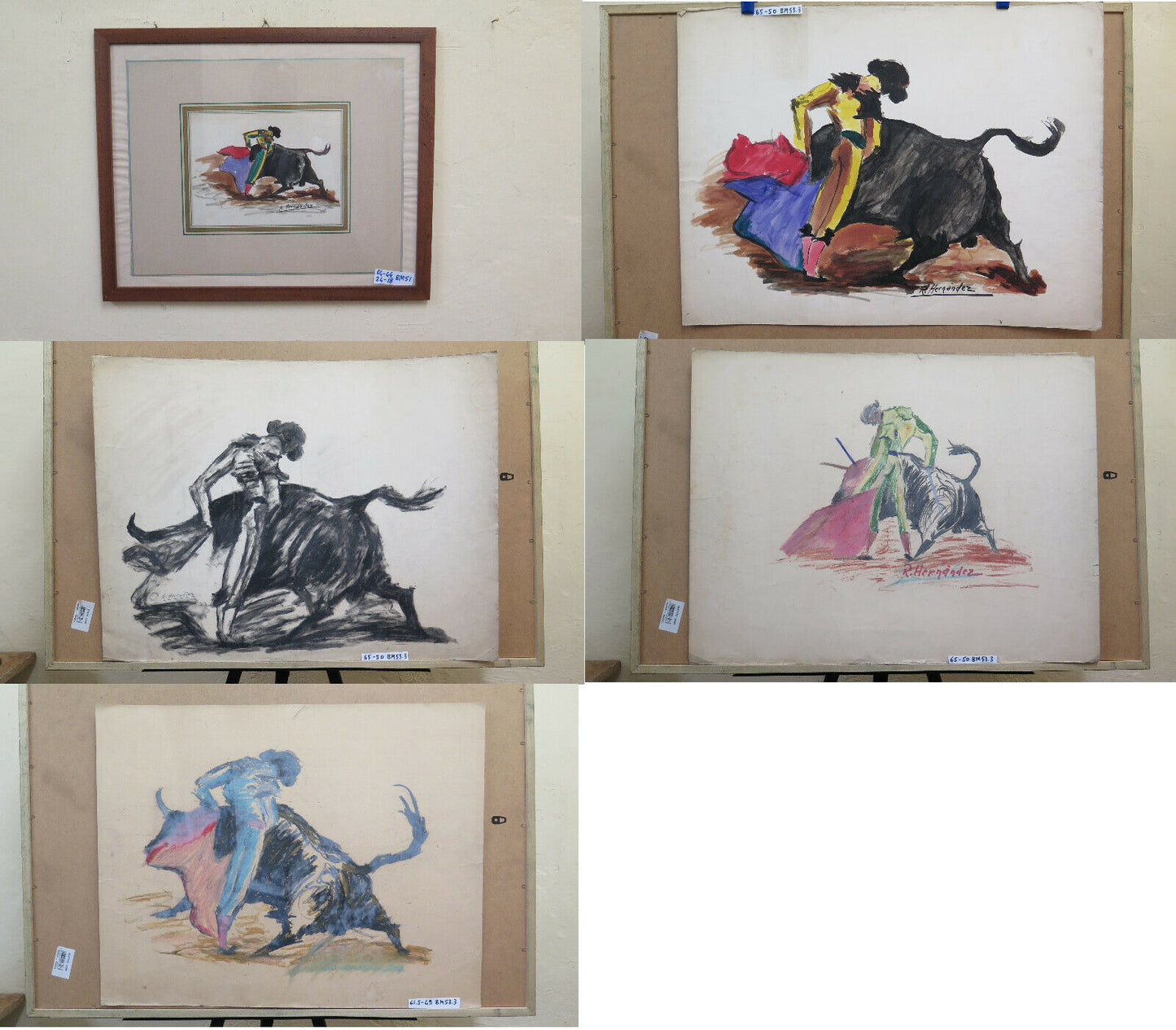 QUADRO VINTAGE CON 4 GRANDI BOZZETTI FIRMA HERNANDEZ TORERO CORRIDA BM51 BM53.3