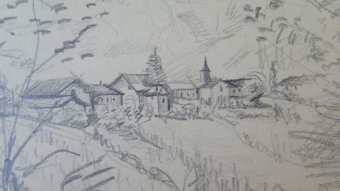 DISEGNO ANTICO FIRMATO BISCHOFF ANNI 40 PAESAGGIO ALPINO ALPI SVIZZERA BM53.2