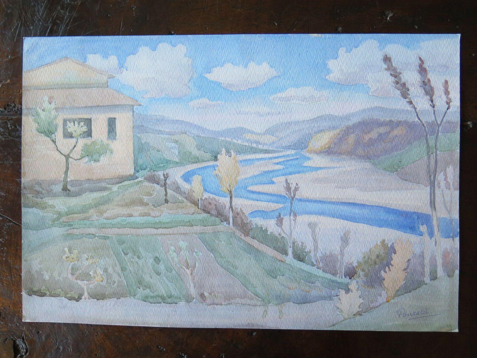 PAESAGGIO DI CAMPAGNA VALLE DEL RENO QUADRO VINTAGE DIPINTO AD ACQUERELLO P23 - Belbello Antiques