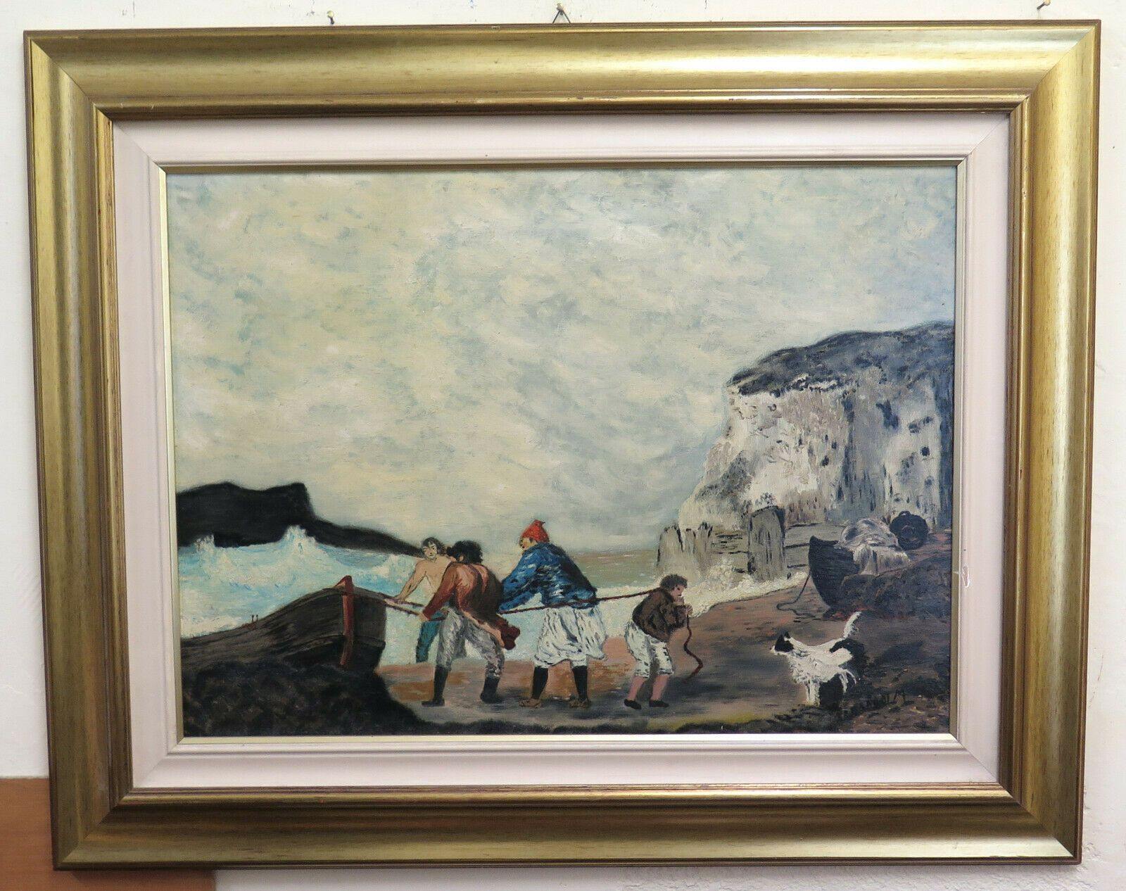 QUADRO AD OLIO SU TAVOLA PAESAGGIO DI MARE CON PESCATORI BARCA CANE SPIAGGIA X1 - Belbello Antiques