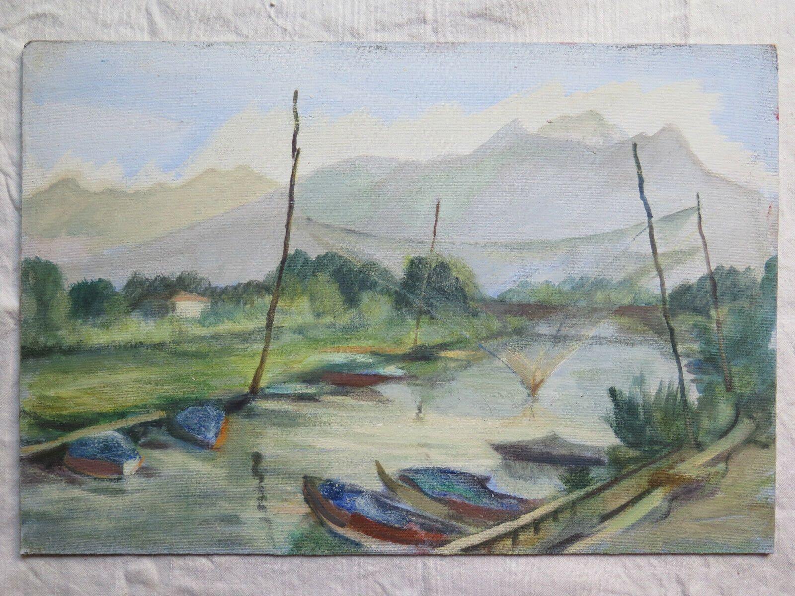 PAESAGGIO CON RETI DA PESCA QUADRO ANTICO DIPINTO OLIO SU TAVOLA CON GARANZIA p9 - Belbello Antiques