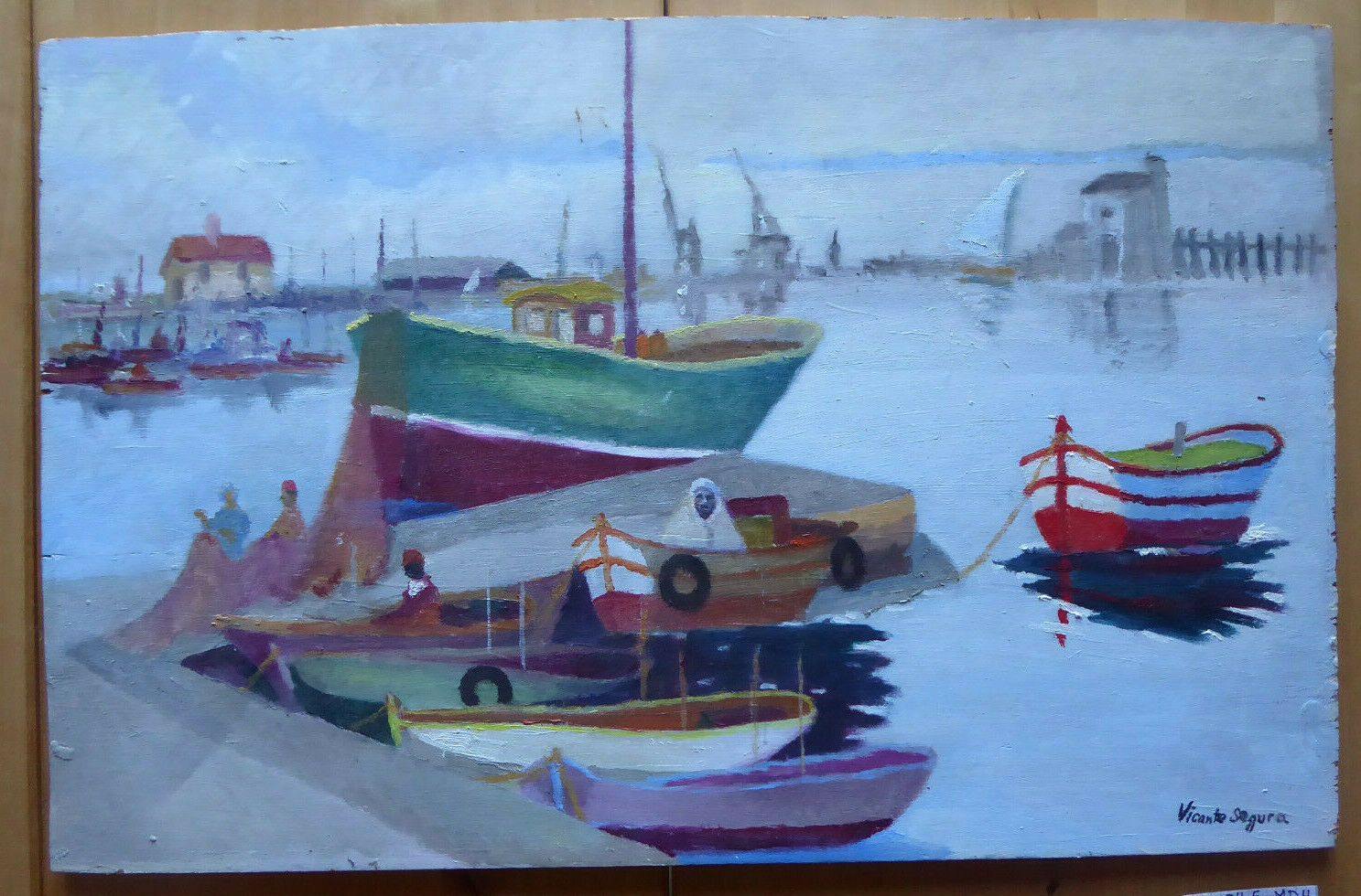 QUADRO AD OLIO MARINA BARCHE ORMEGGIATE AL PORTO VICENTE SEGURA (1930-2015) MD4 - Belbello Antiques