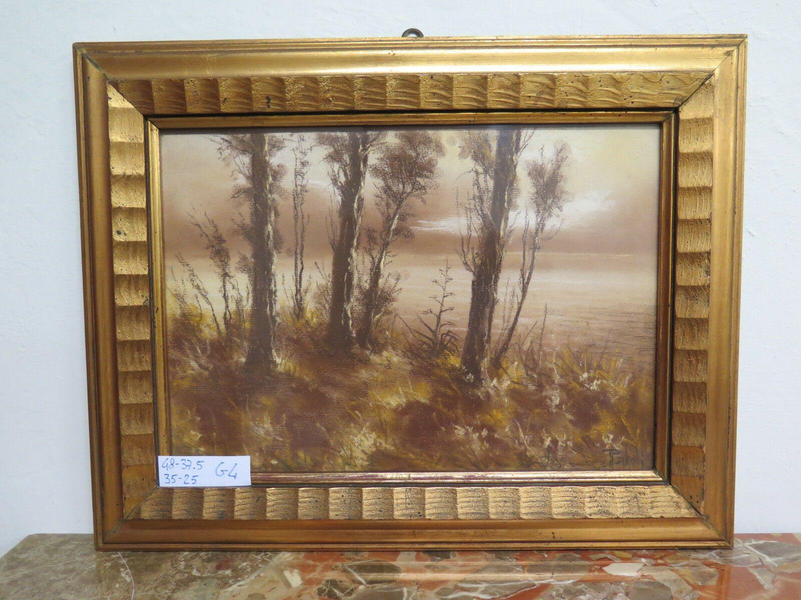 QUADRO ANTICO PAESAGGIO AUTUNNALE DIPINTO MATITA COLORATA SU CARTA ORIGINALE G4 - Belbello Antiques