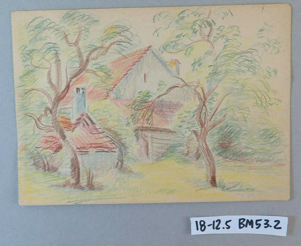 VECCHIO DISEGNO FIRMATO BISCHOFF ANNI 60 VEDUTA DI CAMPAGNA MATITA CARTA BM53.2