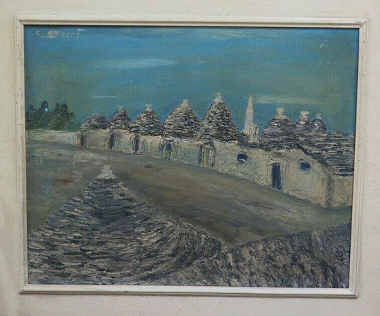 CORRADO MACRÌ QUADRO AD OLIO PAESAGGIO TRULLI ALBEROBELLO VEDUTA PUGLIA BM51 - Belbello Antiques