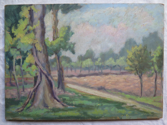 QUADRO PAESAGGIO DI CAMPAGNA DIPINTO ANTICO OLIO TAVOLA STILE IMPRESSIONISTA p9