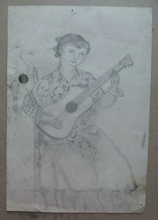 VECCHIO DISEGNO FRONTE RETRO RITRATTO FEMMINILE CON CHITARRA FIRMATO MD10 - Belbello Antiques