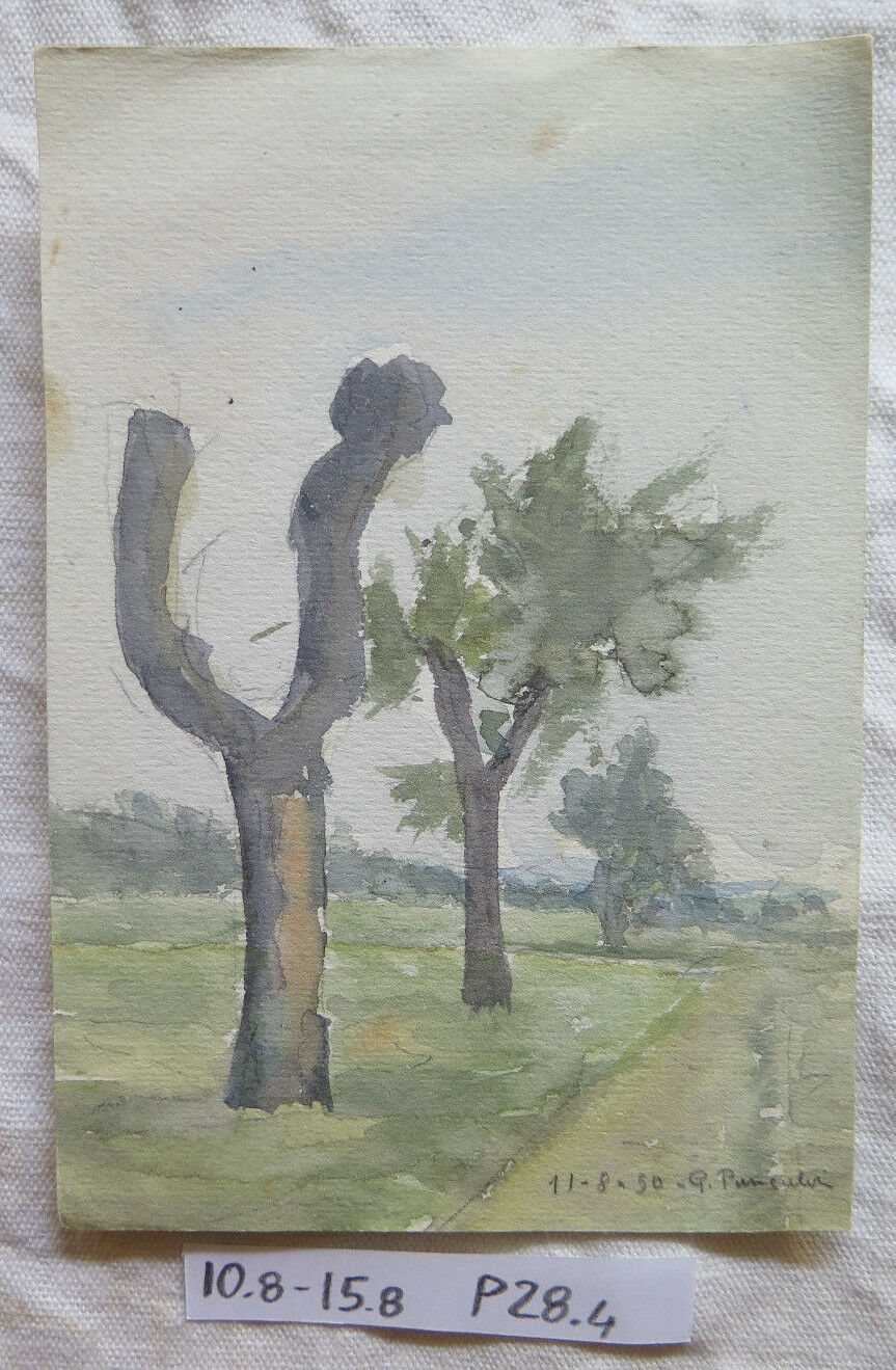 QUADRO BOZZETTO FIRMATO ORIGINALE PAESAGGIO DI CAMPAGNA ACQUERELLO 1950 P28.4