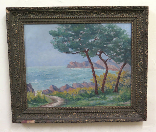 ANTIQUE OIL PAINTING ON TABLE SEA LANDSCAPE IMPRESSIONIST STYLE BM51 