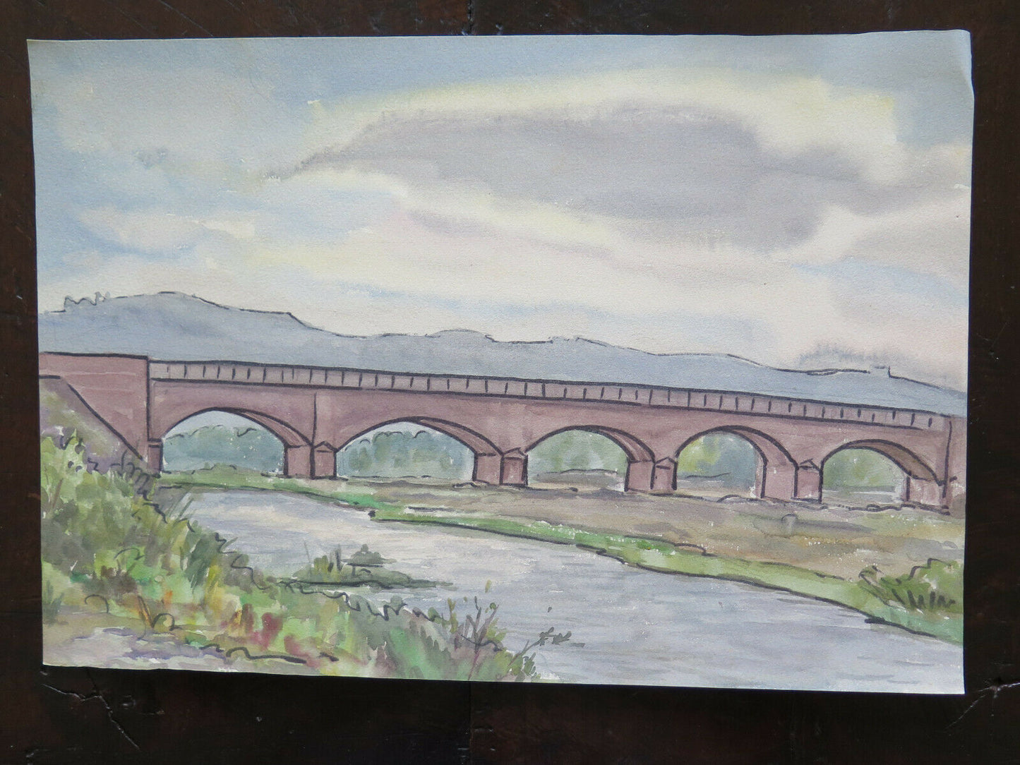 OLD WATERCOLOR PAINTING VIEW OF THE SPILAMBERTO BRIDGE 38x21 cm P14