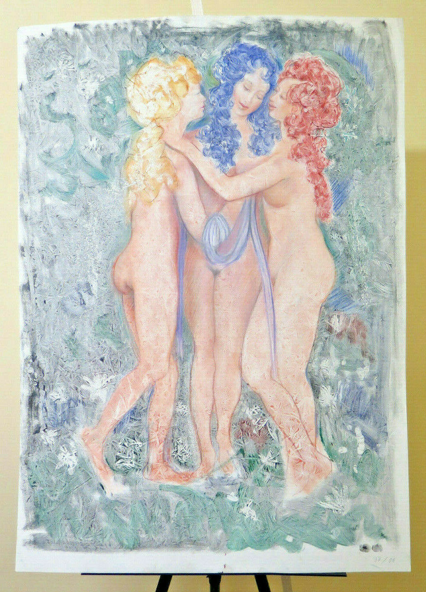 72x101 cm QUADRO VINTAGE DIPINTO CON TECNICA DEL GELO NUDO TRE GRAZIE P33.4