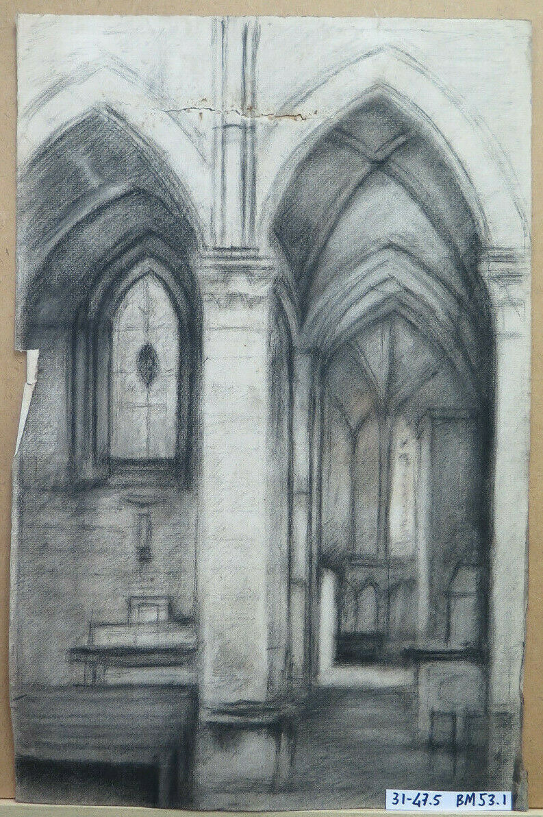 LARGE ANTIQUE DRAWING INTERIOR GOTHIC CHURCH Pierre Eugène Duteurtre DUT BM53.1 