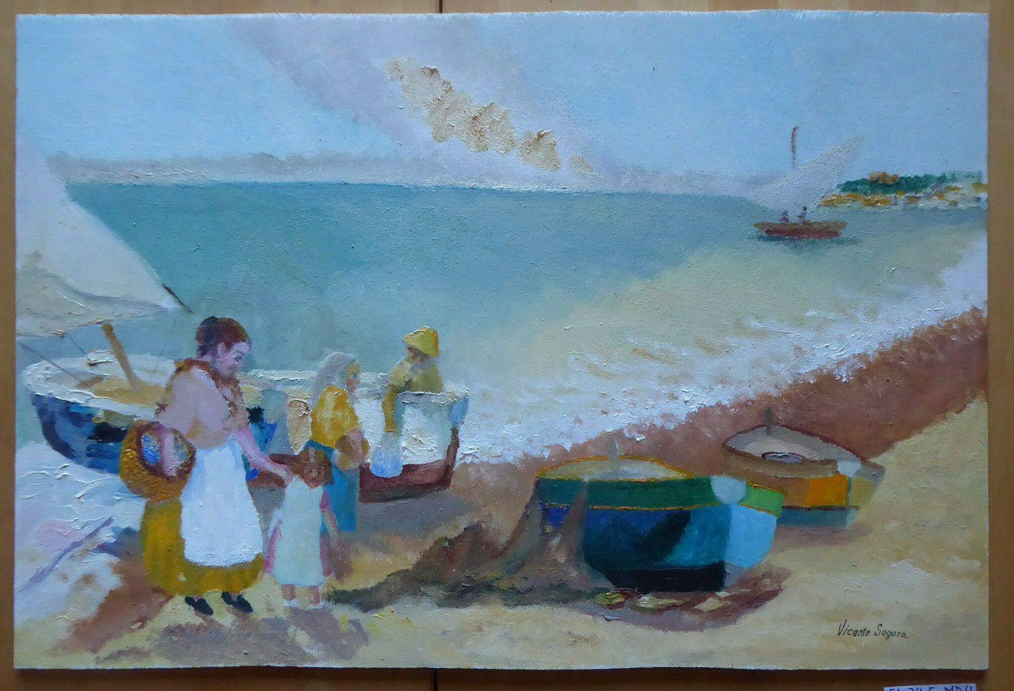 VECCHIO DIPINTO OLIO SU TAVOLA MARINA CON BARCHE FIRMATO SEGURA SPAGNA '900 MD4 - Belbello Antiques