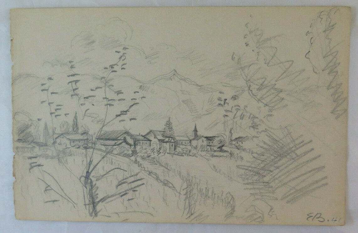 DISEGNO ANTICO FIRMATO BISCHOFF ANNI 40 PAESAGGIO ALPINO ALPI SVIZZERA BM53.2