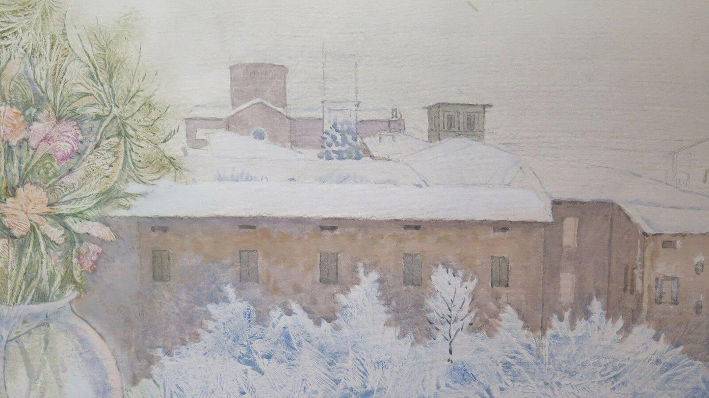 QUADRO DIPINTO TECNICA MISTA PAESAGGIO INVERNALE INNEVATO PIUMAZZO MODENA P33.9 - Belbello Antiques