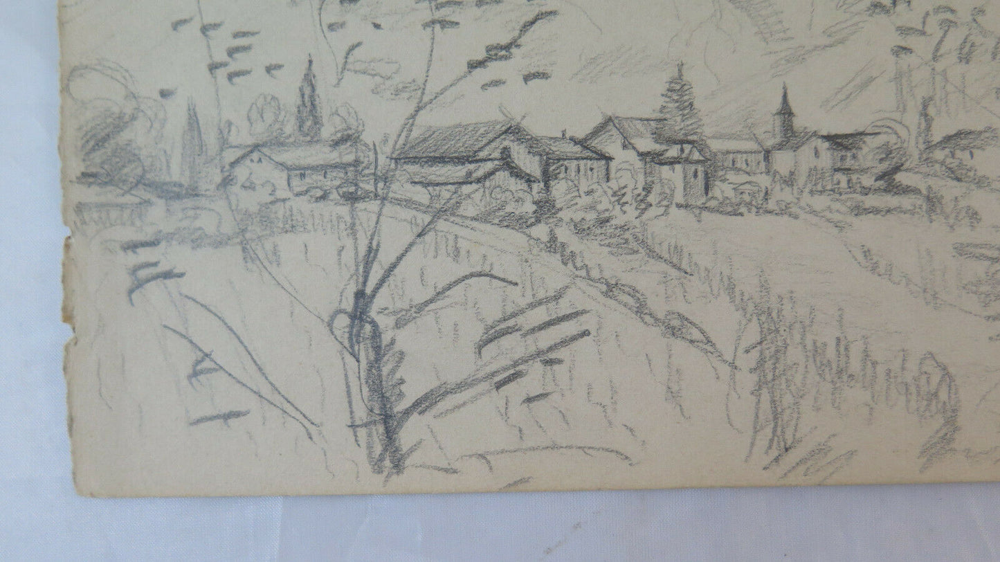 DISEGNO ANTICO FIRMATO BISCHOFF ANNI 40 PAESAGGIO ALPINO ALPI SVIZZERA BM53.2