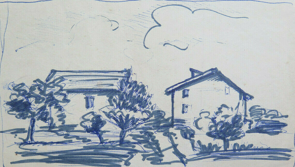 DISEGNO ANTICO PAESAGGIO CON CASE DI CAMPAGNA VEDUTA DI PAESE SU CARTA P28.6