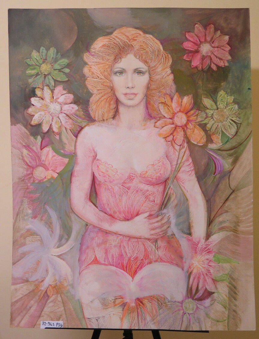 QUADRO VINTAGE DIPINTO TECNICA MISTA RITRATTO FEMMINILE CON FIORI FLOREALE P33.2 - Belbello Antiques