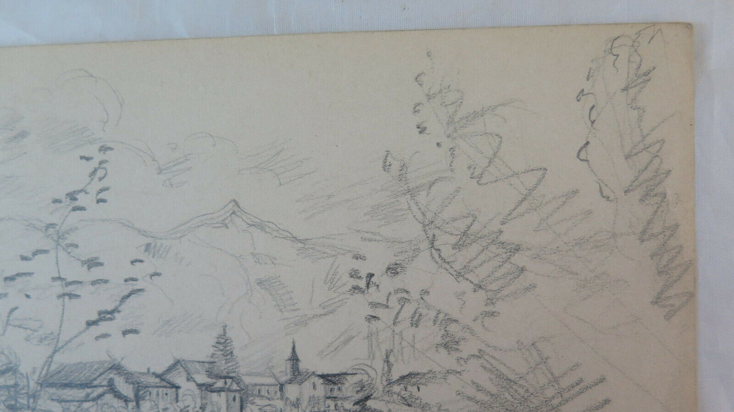 DISEGNO ANTICO FIRMATO BISCHOFF ANNI 40 PAESAGGIO ALPINO ALPI SVIZZERA BM53.2