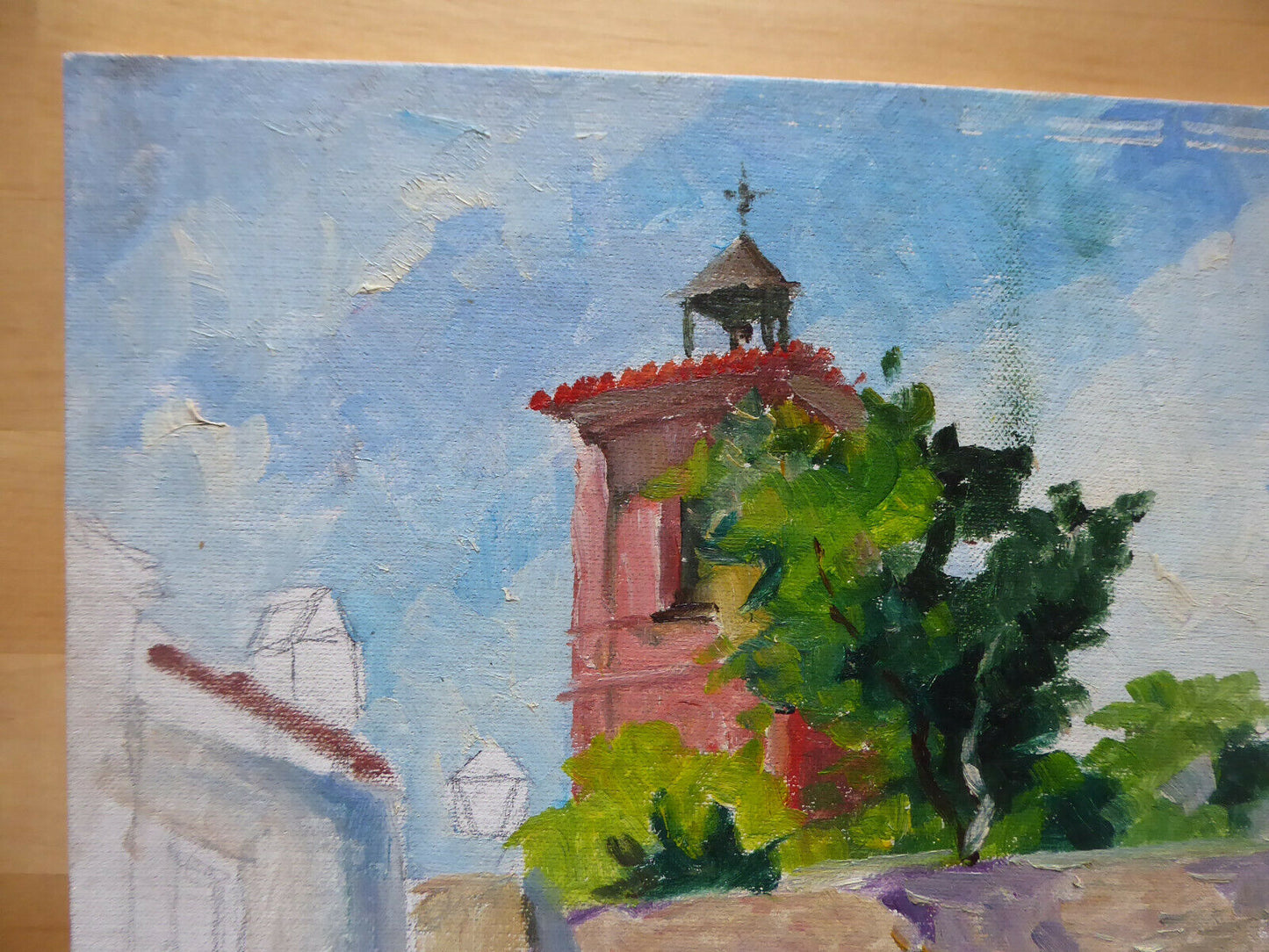 OIL PAINTING ON UNFINISHED PANEL VIEW OF SPANISH COUNTRY WORK PAINTER MD1