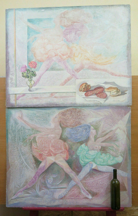 TWO LARGE VINTAGE PAINTINGS DANCER CLASSICAL DANCE FROST TECHNIQUE PS