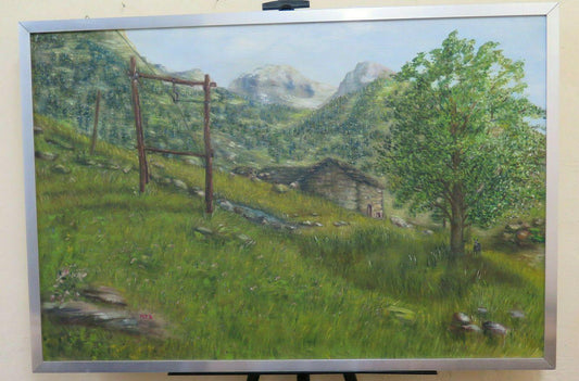 VECCHIO QUADRO AD OLIO VINTAGE PAESAGGIO ALPINO IN ESTATE MONTAGNE ALPI R93 - Belbello Antiques