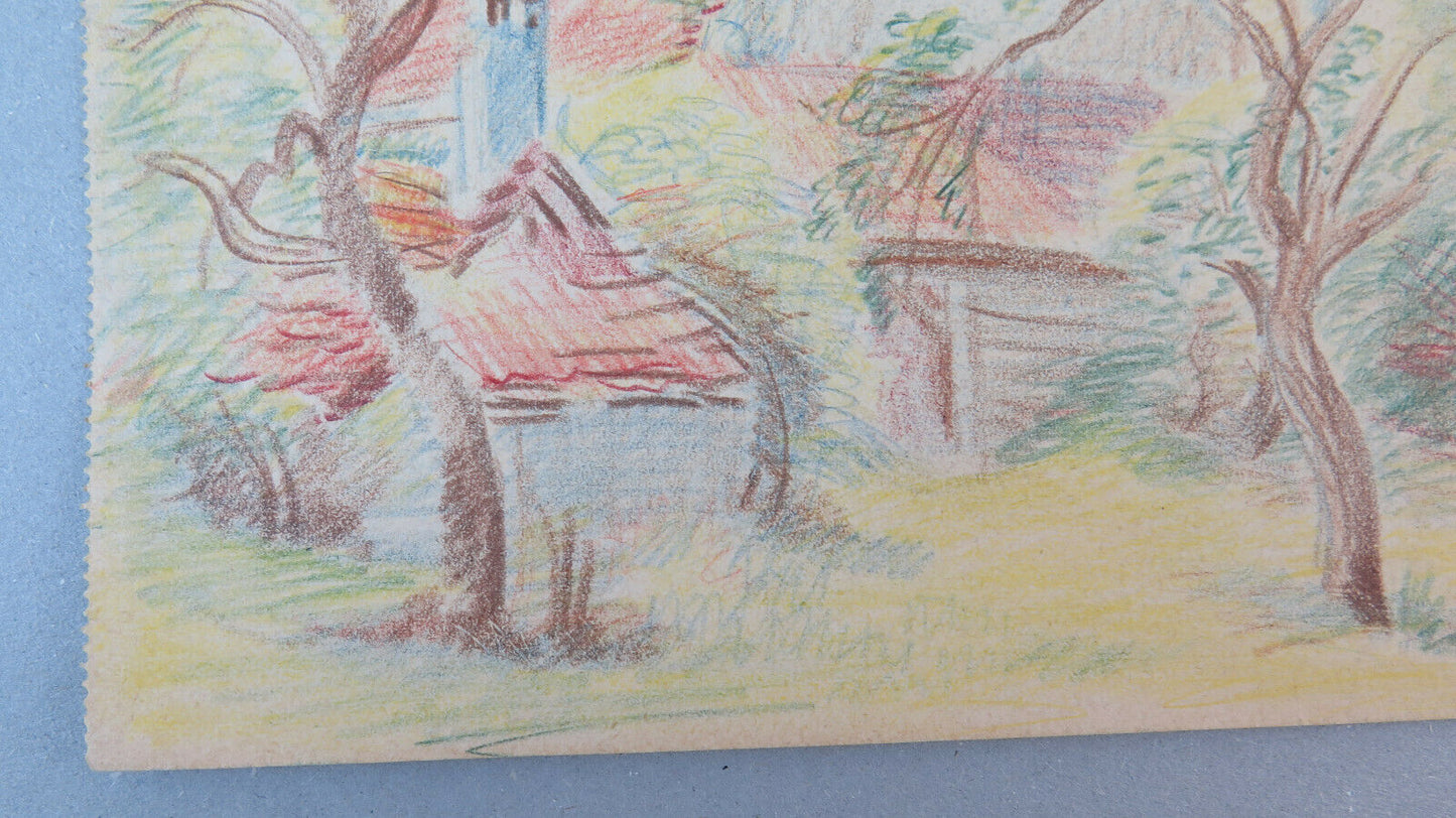 OLD DRAWING SIGNED BISCHOFF 1960s COUNTRYSIDE VIEW PENCIL PAPER BM53.2 