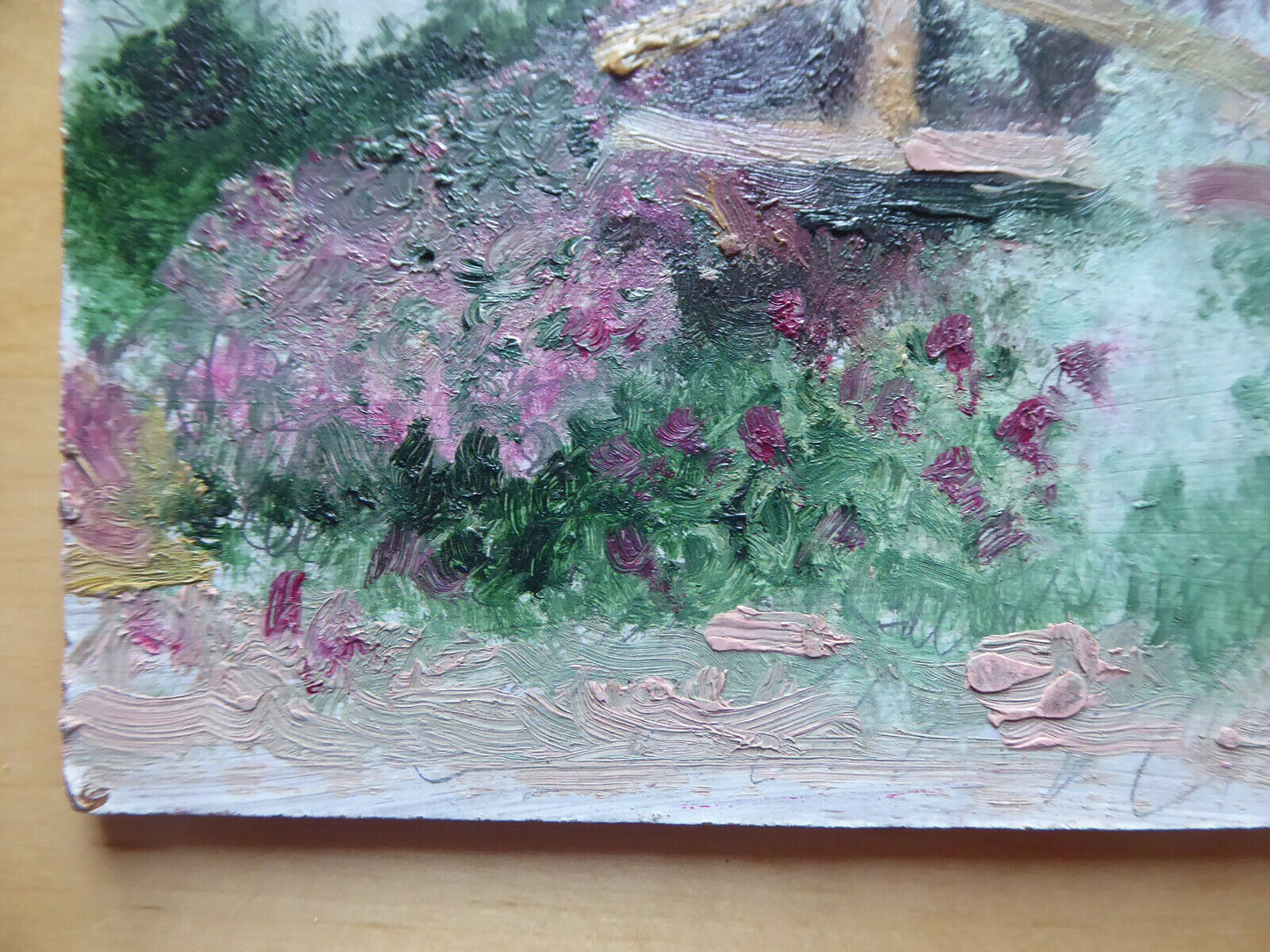 OLD OIL PAINTING ON SMALL PAINTING LANDSCAPE IN FLOWERING VINTAGE MD1 