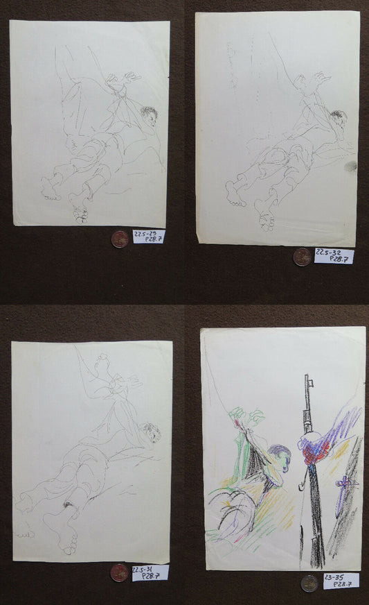 4 SKETCHES ORIGINAL DRAWINGS WAR THEME PRISONER TORTURED BY SOLDIERS P28.7