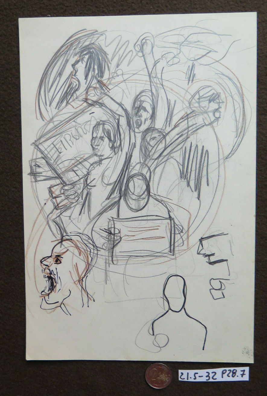 DRAWING SKETCH VINTAGE POLITICAL DEMONSTRATION 1960s FIGURES P28.7