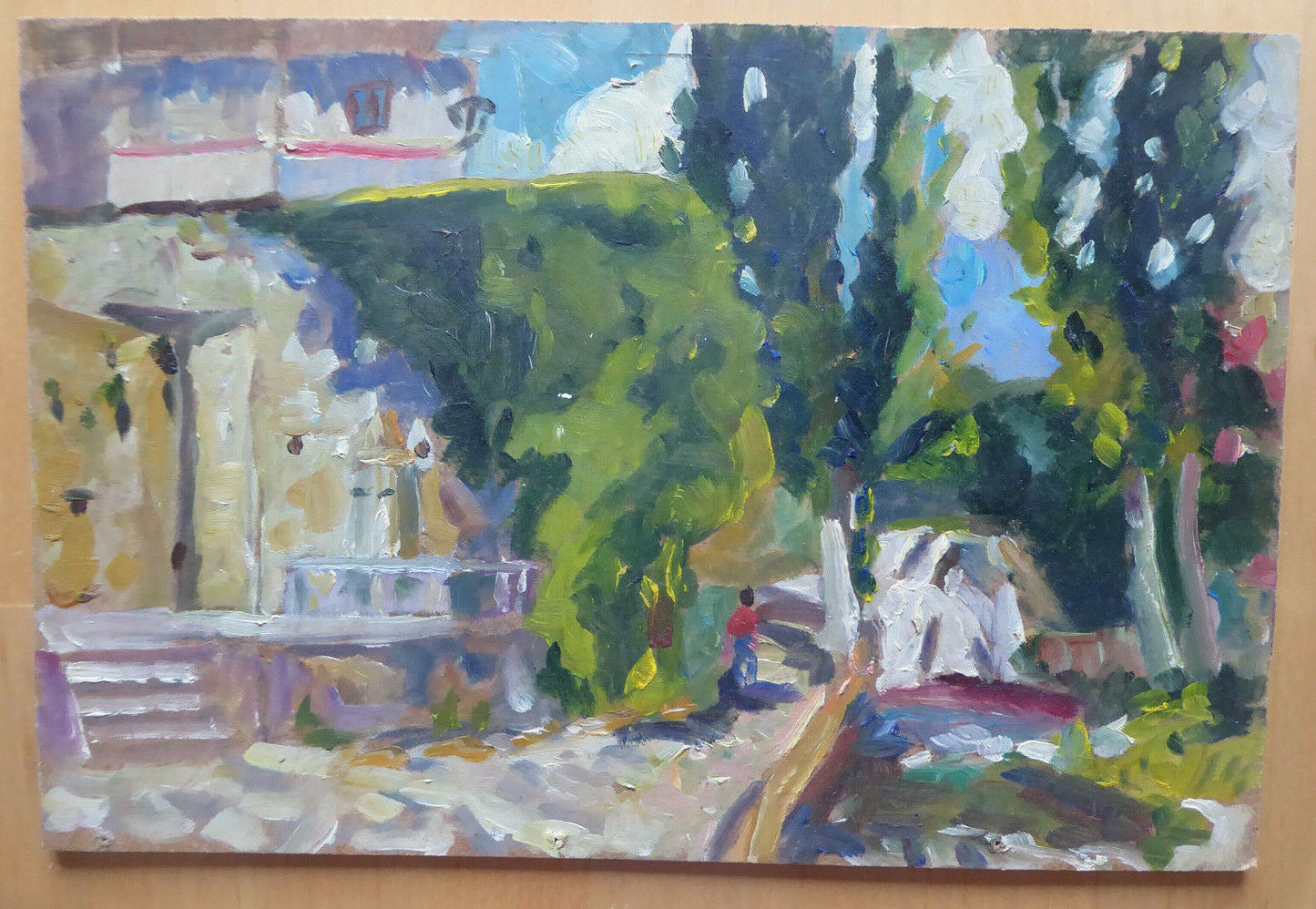 OIL PAINTING ON VINTAGE PANEL SPAIN MID 20TH CENTURY VIEW OF MADRID GARDENS MD2 