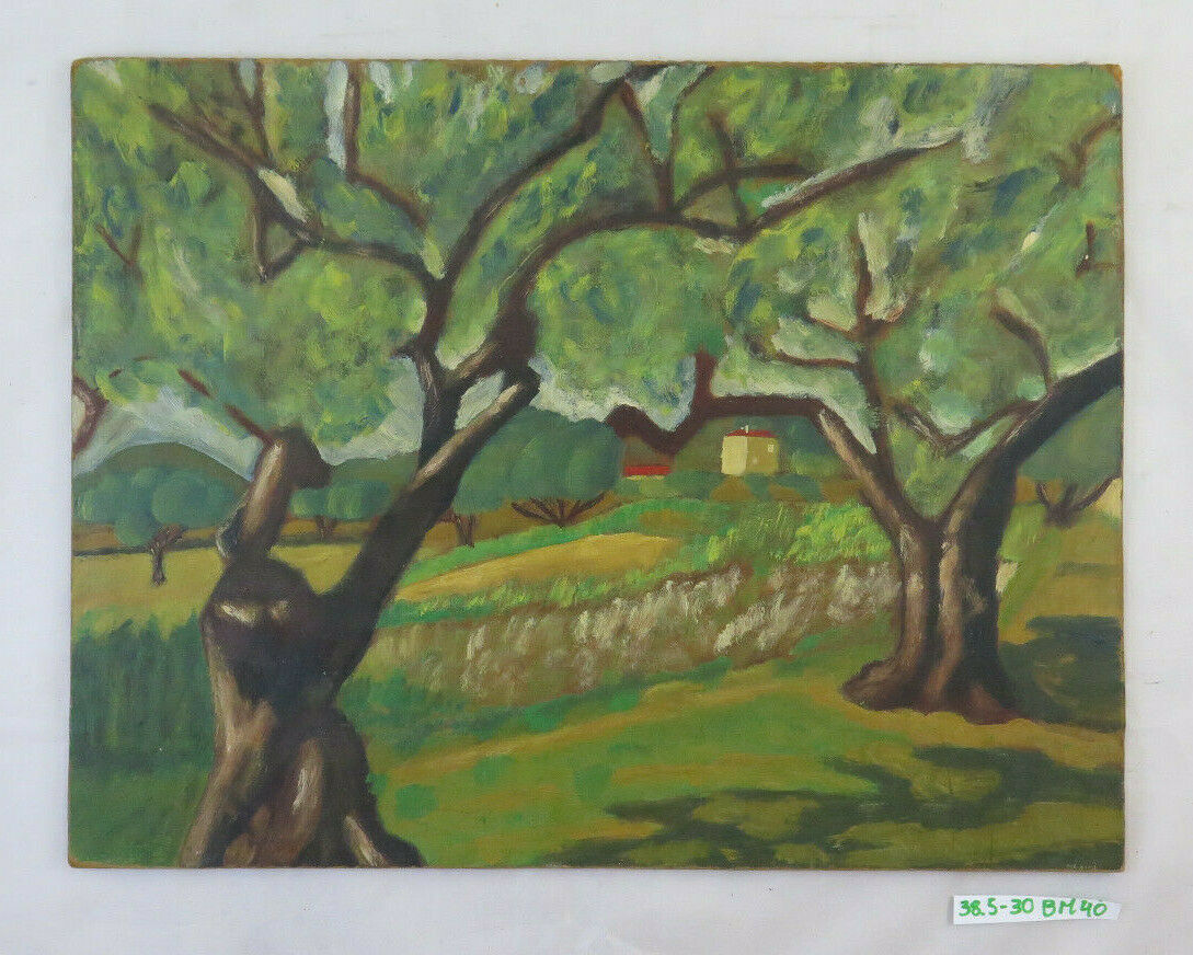 OLD OIL PAINTING ON TABLE COUNTRY LANDSCAPE IN SPRING SIGNED BM40 