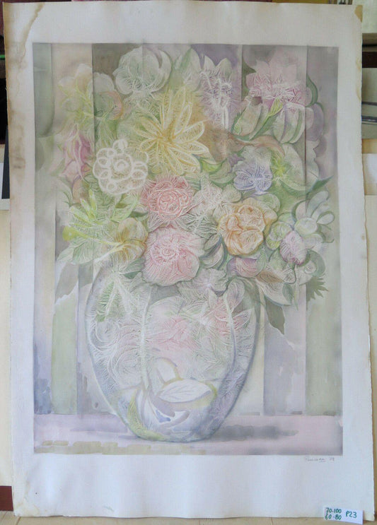 QUADRO MODERNO AD ACQUERELLO SOGGETTO FLOREALE FIORI FIRMATO PANCALDI 1982 P23 - Belbello Antiques