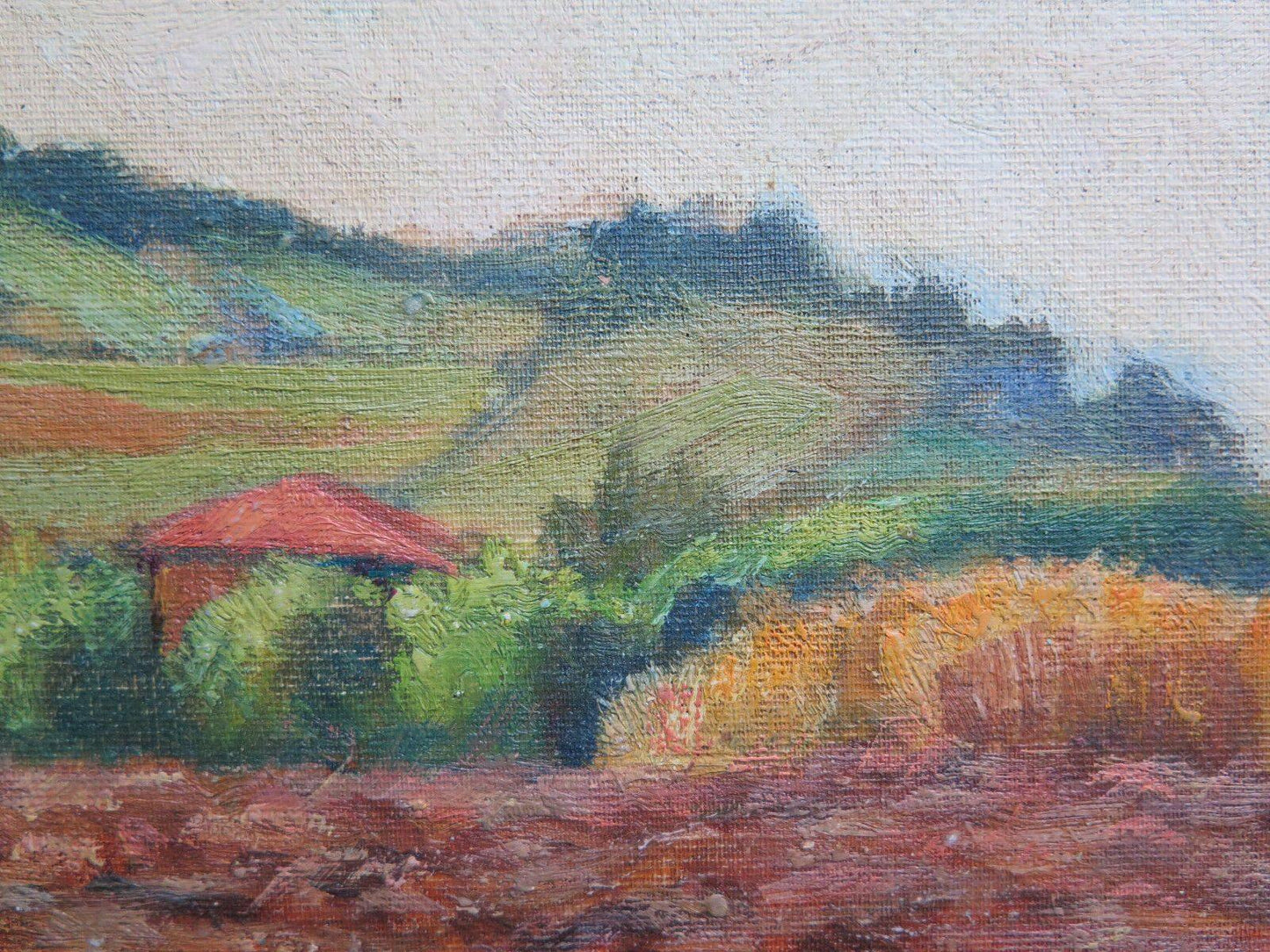 PAESAGGIO DI CAMPAGNA CON CAMPI COLTIVATI QUADRO AD OLIO SU TAVOLA 43x27 cm p9 - Belbello Antiques