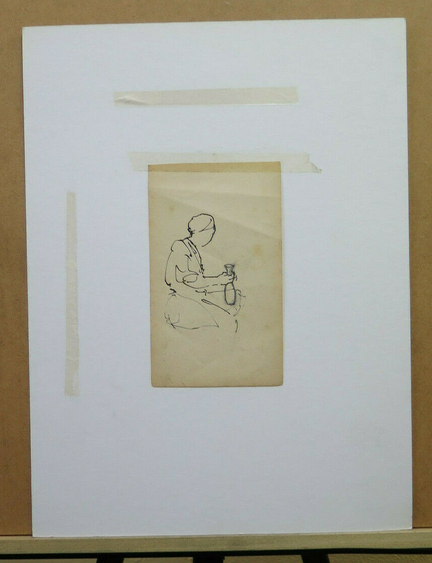 DISEGNO ANTICO DI ANONIMO INIZIO SECOLO UOMO SEDUTO CHE PENSA MATITA BM53.2 - Belbello Antiques