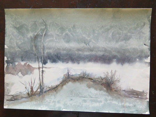 50x36 cm VINTAGE PAINTING WATERCOLOR PAINTING WITH MIXED TECHNIQUE LANDSCAPE FROST P14