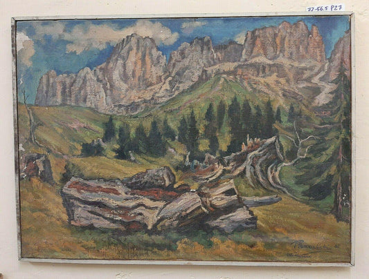 QUADRO OLIO TELA PAESAGGIO MONTAGNE DOLOMITI CATINACCIO Rosengarten DIPINTO P27 - Belbello Antiques