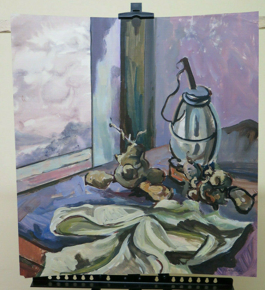 56x61 cm VINTAGE OIL PAINTING INTERIOR WITH STILL LIFE OBJECTS P32