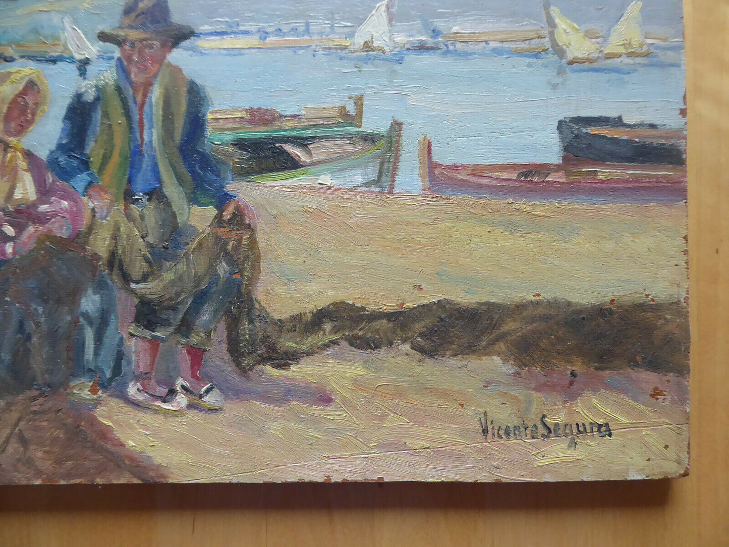 OIL PAINTING ON TABLE SEA SCENE BOATS FISHERMEN PAINTING SIGNED SEGURA MD2 