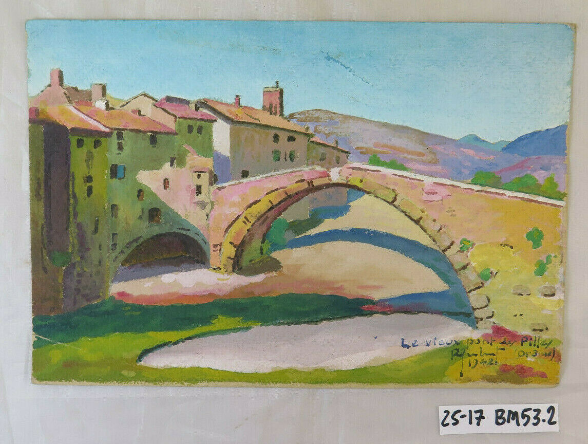 QUADRO ANTICO PAESAGGIO VEDUTA VECCHIO PONTE DI PILLEY FRANCIA FIRMATO BM53.2 - Belbello Antiques