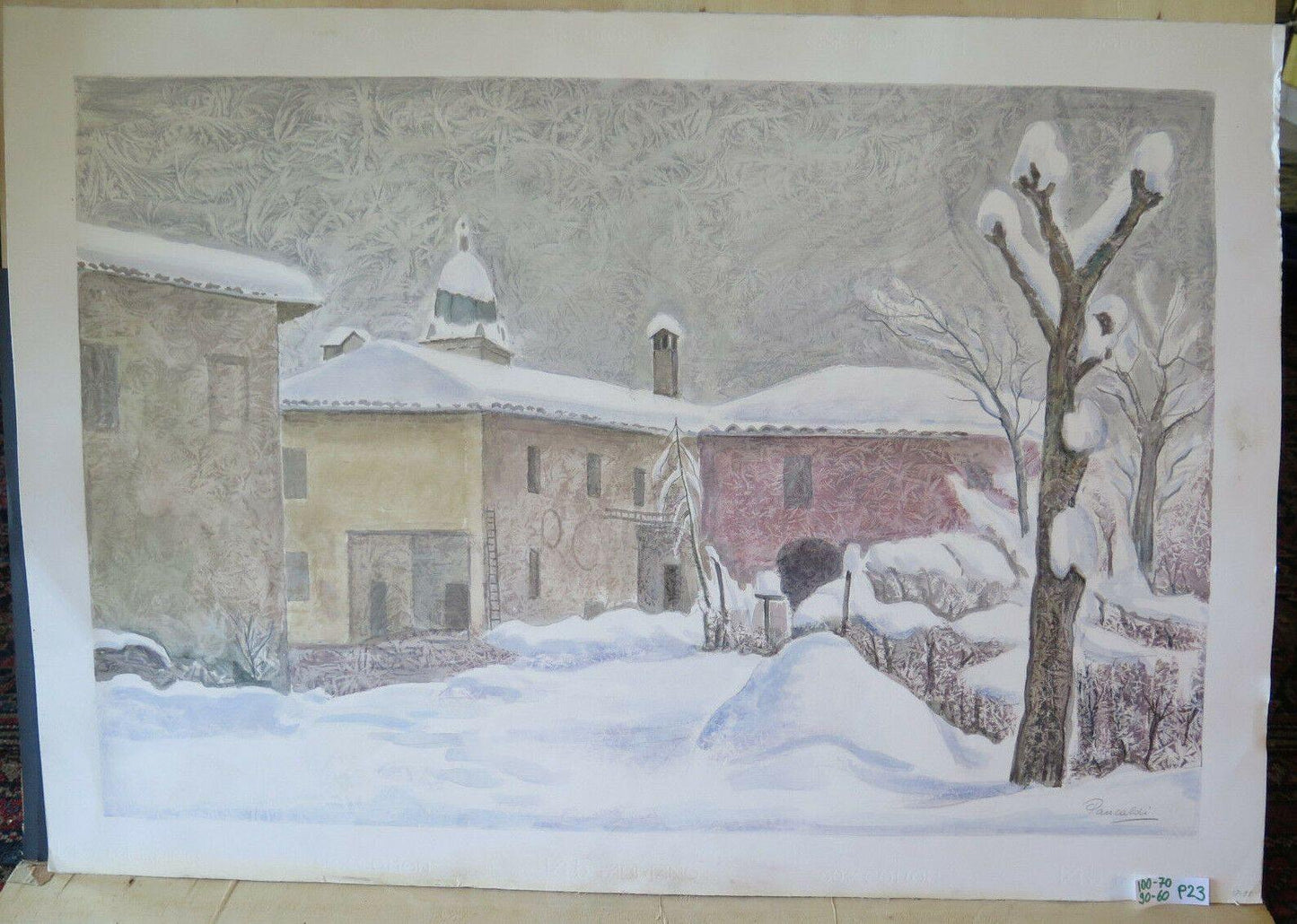 PAESAGGIO INVERNALE QUADRO MODERNO DIPINTO AD ACQUERELLO SU CARTA P23 - Belbello Antiques