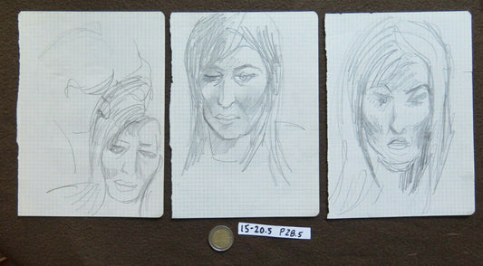 3 ANTIQUE DRAWINGS PENCIL ON STUDY PAPER FOR HUMAN FACES WOMEN SKETCH P28.5 