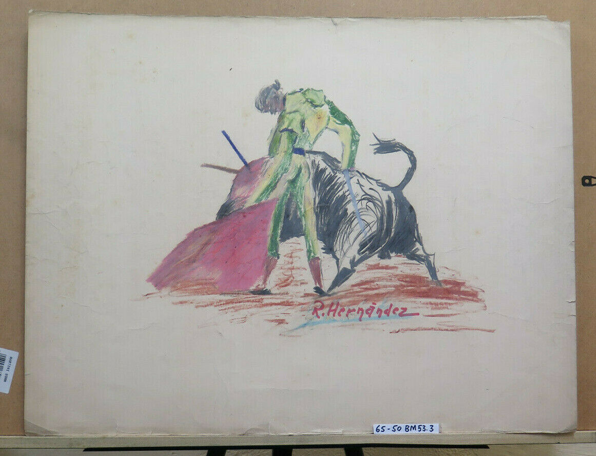 VINTAGE PAINTING WITH 4 LARGE SKETCHES SIGNED BY HERNANDEZ TORERO CORRIDA BM51 BM53.3