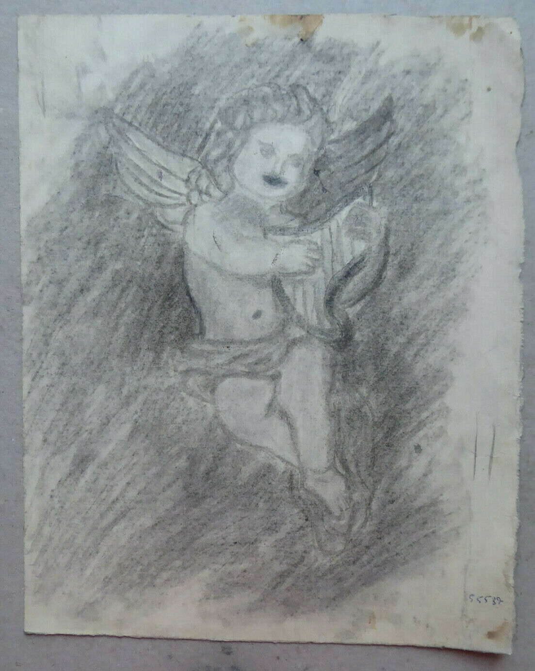 ANGIOLETTO PUTTO ANGELO VECCHIO DISEGNO MATITA SU CARTA COLLEZIONE SPAGNOLA MD10 - Belbello Antiques