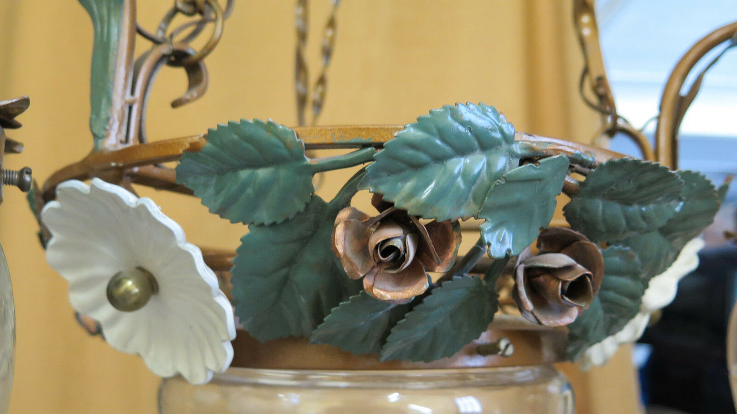 VINTAGE CHANDELIER IN WROUGHT IRON WITH FLOWERS AND LEAVES, VERY FINE HANDMADE GLASS