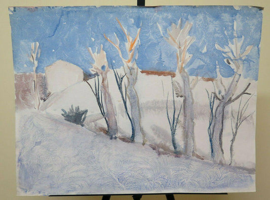 QUADRO VINTAGE A TECNICA MISTA SPERIMENTALE PAESAGGIO GLACIALE INVERNO NEVE  P32 - Belbello Antiques