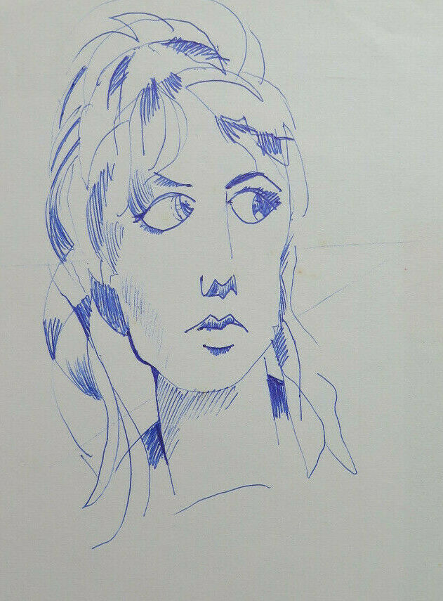 VINTAGE DRAWING FEMALE PORTRAIT PEN ON PAPER WORK BY ARTIST PANCALDI P28.8