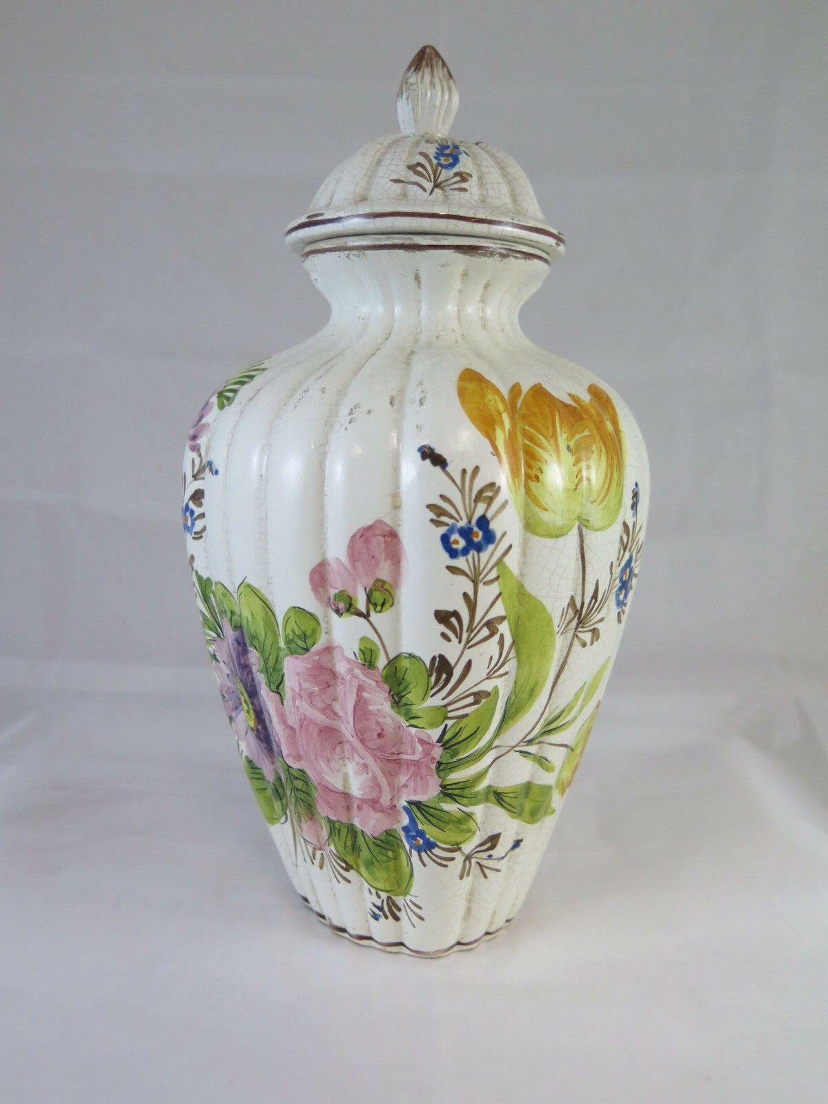 VASO IN CERAMICA DIPINTA A MANO CON FIORI VINTAGE FIRMATO META' NOVECEBTO G28 - Belbello Antiques