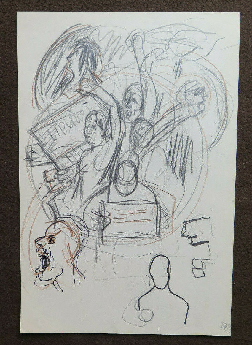 DRAWING SKETCH VINTAGE POLITICAL DEMONSTRATION 1960s FIGURES P28.7