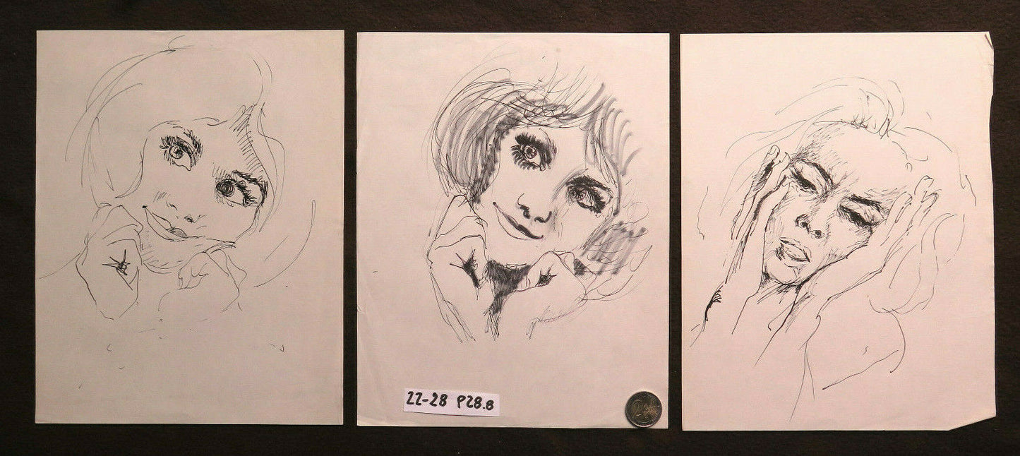 THREE OLD DRAWINGS SKETCHES PORTRAIT FEMALE FACE EXPRESSION SKETCH P28.8